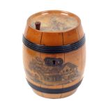 A mid 19th Century continental white wood barrel form tea caddy, the hinged lid with transfer of