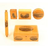 Mauchline ware - five pieces comprising a rectangular box (Dunoon/Steamer Iona/Dunoon) lacking