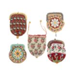 Five small format 19th Century beadwork purses one with drawstring worked with flowers, 9.5cm and