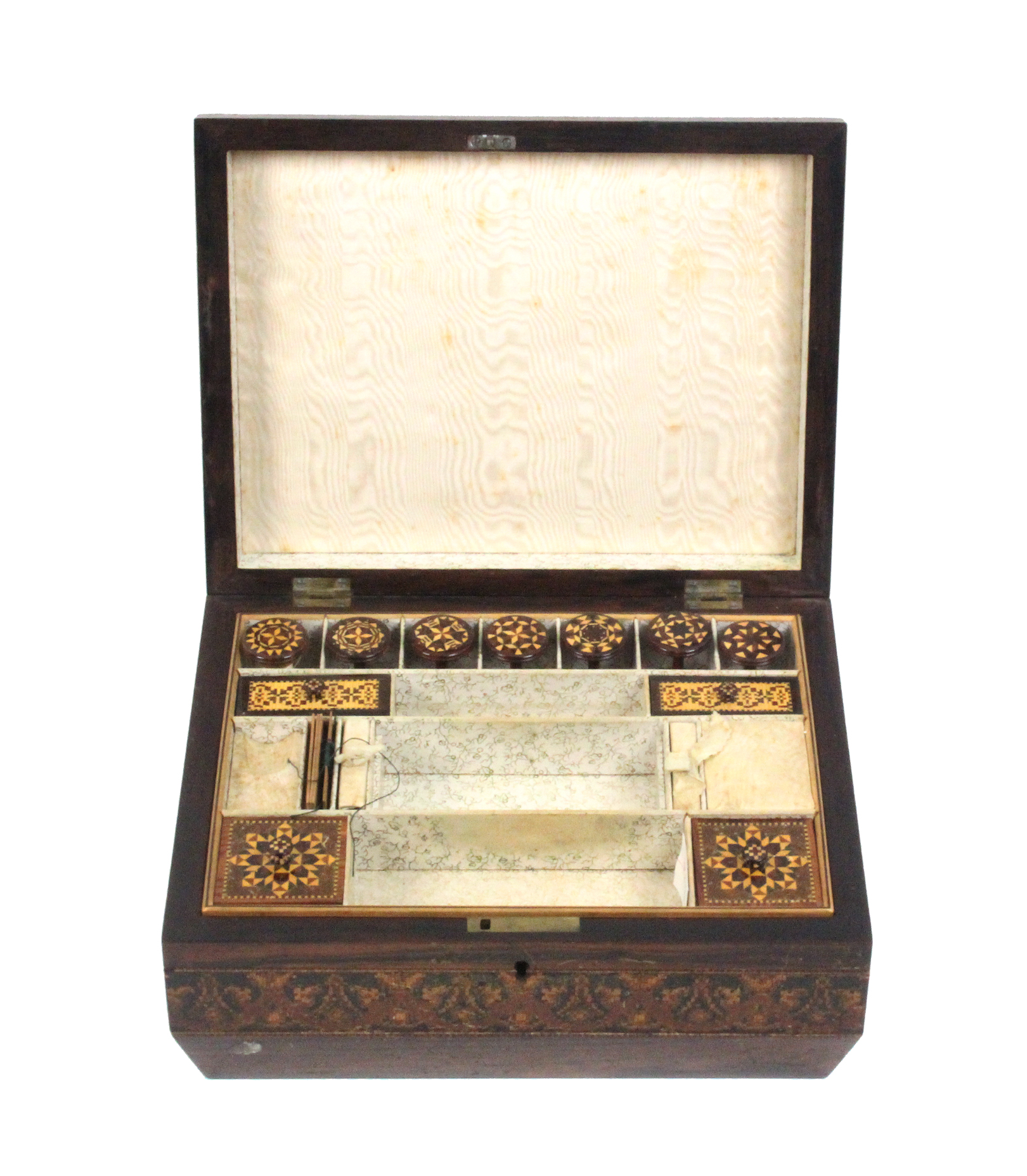 A Tunbridge ware rosewood sewing box of sarcophagal form, the lid with a view of Eridge Castle - Image 2 of 2