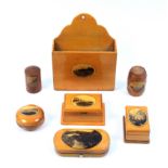 Mauchline ware - seven pieces - all photographic comprising a barrel in alternate segments (Clare