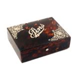 A tortoiseshell and silver mounted pin box of rectangular form with cushion lid titled in script '
