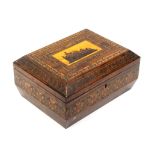A Tunbridge ware rosewood sewing box of sarcophagal form, the lid with a view of Eridge Castle