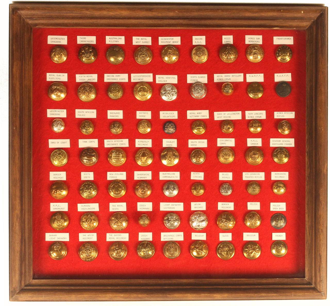 Buttons - military - two framed displays comprising a framed display of 61 mostly post 1901,