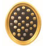 Buttons - livery -three framed displays totalling 106 examples, white metal, gilt and brass (106)