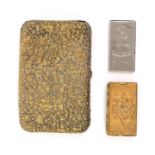 Three needle/needle packet cases comprising a gilt brass 'Beatrice/Patent, floral panels, 4.6cm, a