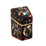A tortoiseshell, wire, and mother of pearl inlaid slant top needle packet box, floral and