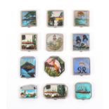 Ten vintage powder compacts, mostly square and with landscape views, three octagonal including a