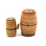 Two pieces of painted whitewood Tunbridge ware comprising a barrel form tape measure, 2.7cm, the