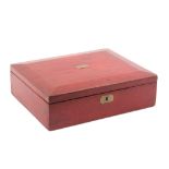 A Regency red grained morocco sewing box of rectangular form, gilt lid tablet and escutcheon,