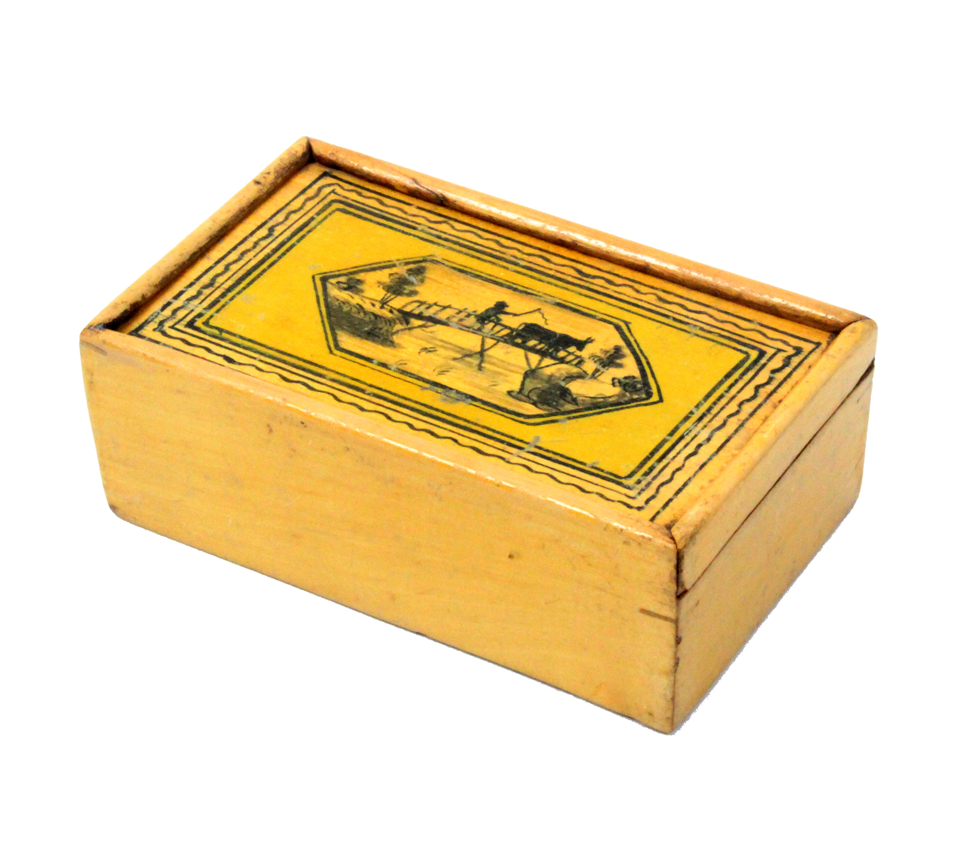 A white wood Tunbridge ware box of rectangular form, the sliding lid with a panel of a cow being