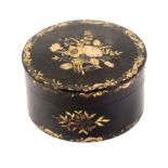 A good Georgian tortoiseshell circular box with coloured metal inlays, the lid, side, and base