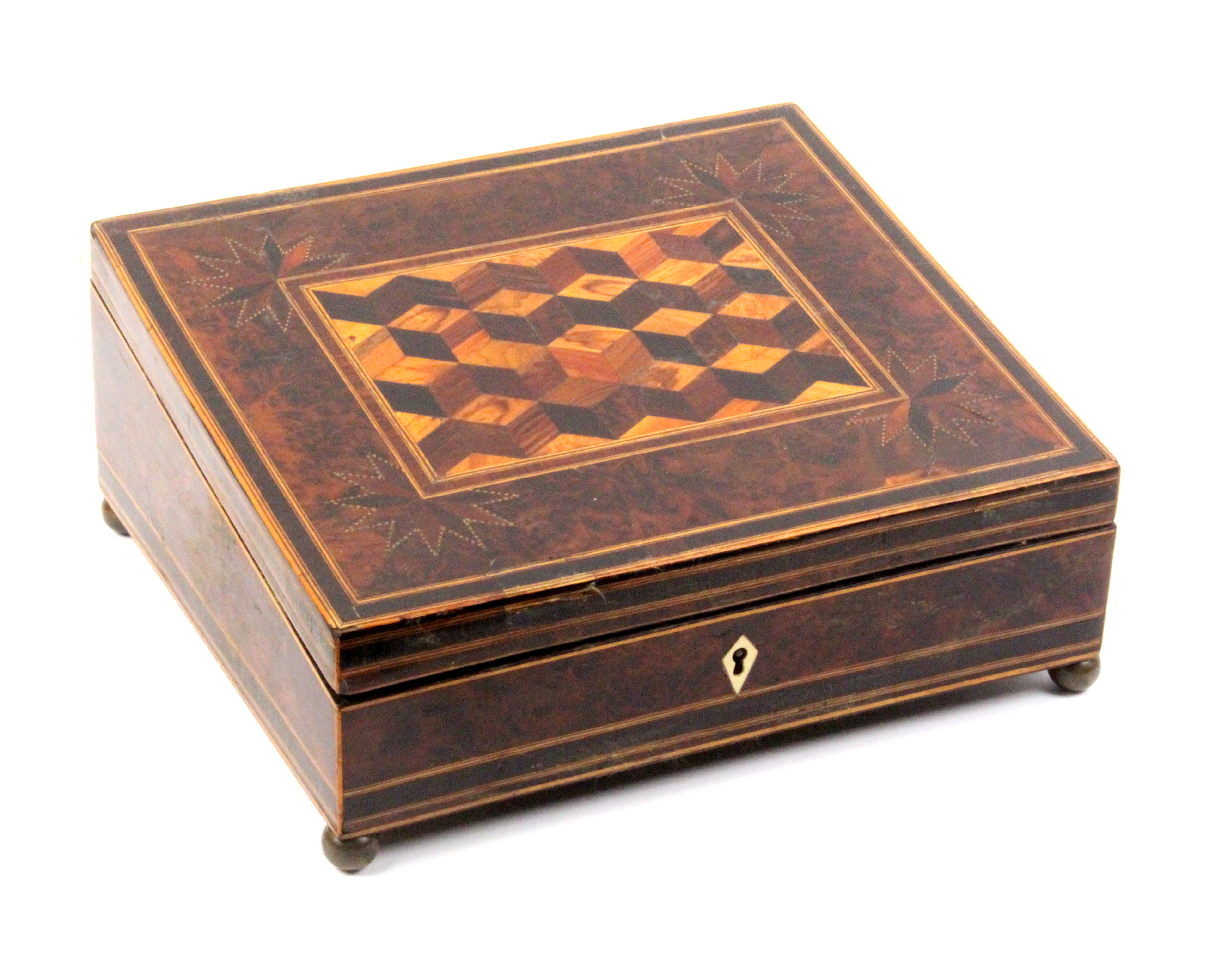 An early Tunbridge ware writing box, the sloping lid with a panel of cubes within a burr yew wood