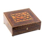 An early Tunbridge ware writing box, the sloping lid with a panel of cubes within a burr yew wood