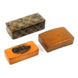 Mauchline ware - three snuff boxes - comprising a curved example in cross hatched pen work, full