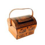A fine whitewood penwork sewing box, with swing carrying handle, circa 1810, the domed lid with a