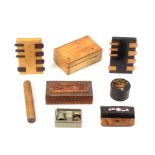 Small boxes comprising a tortoiseshell inlaid needle packet box, sd, 6.5cm, two wooden boxes,