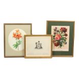 Three framed pictures comprising an oval botanical watercolour, 20cm, a monochrome print 'The