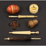 A mixed lot - sewing - comprising three furled umbrella form needle cases, a Tunbridge stick ware