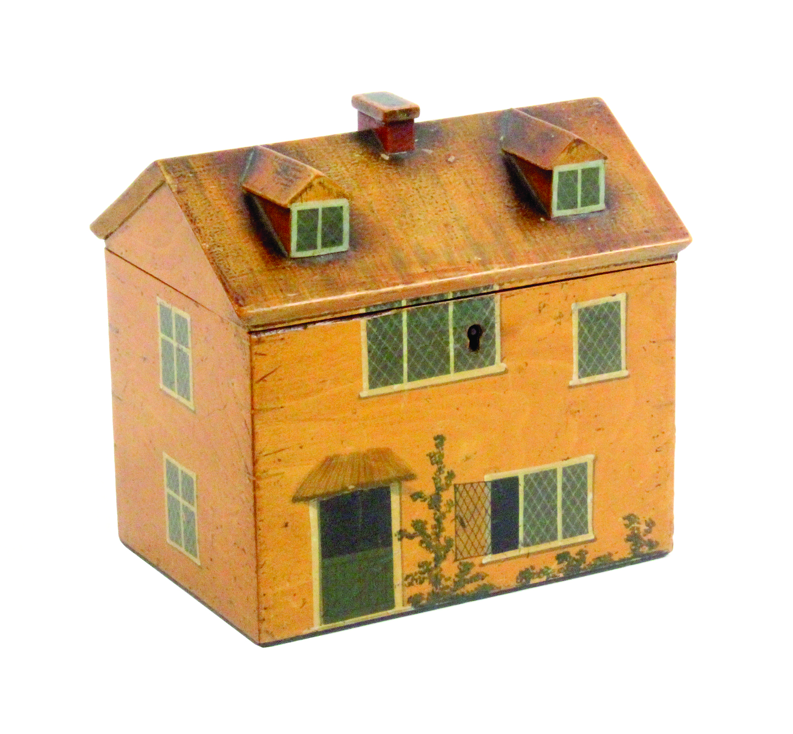 An early painted Tunbridge ware whitewood sewing box in the form of a cottage, the front with stable
