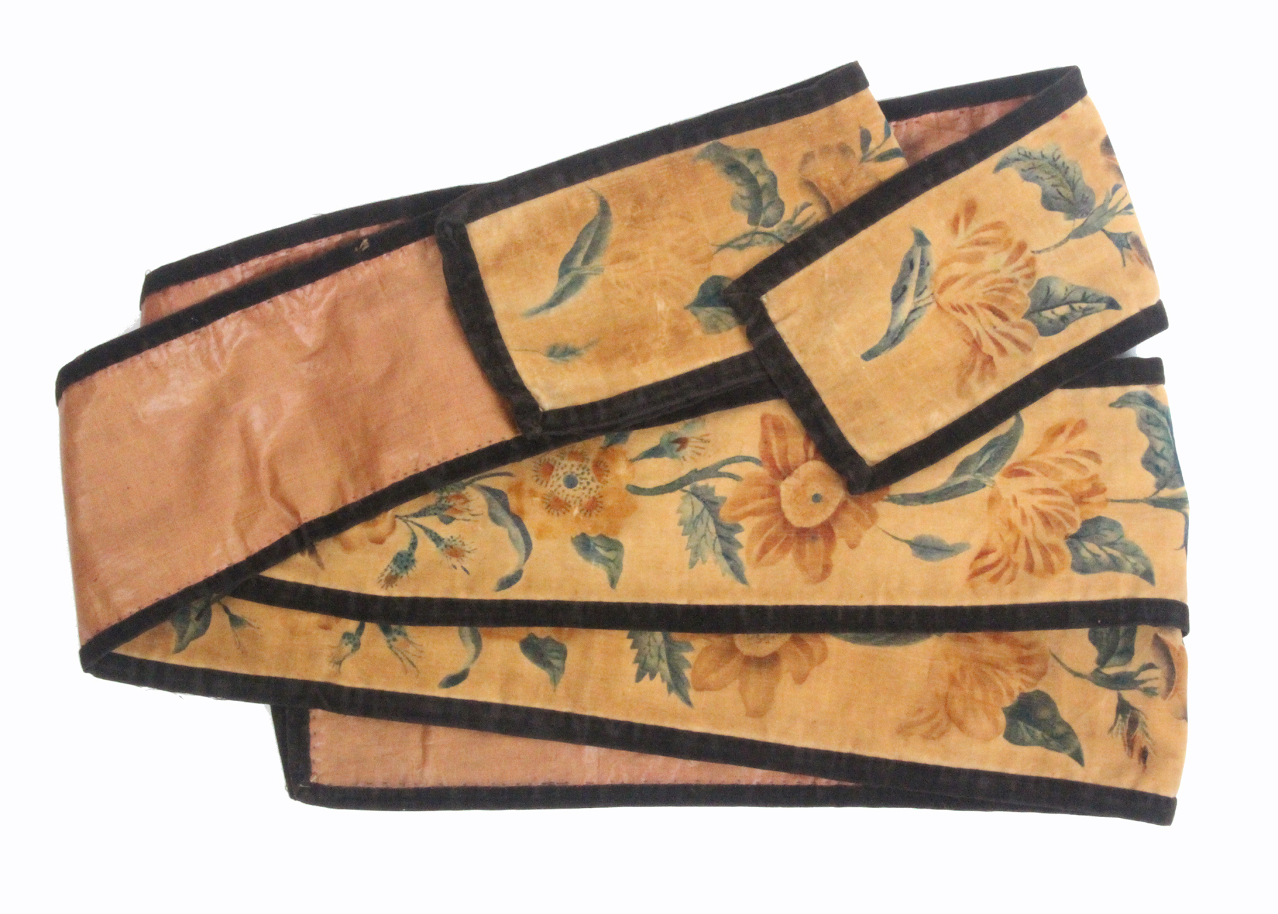 A pair of early 19th Century floral painted orange velvet bell pulls with brown velvet borders,