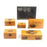 Mauchline ware - six pieces comprising a rectangular card box with two card markers and a set of