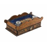 A Regency penwork inkstand the base with border of leaves and flowers and fitted with a drawer,