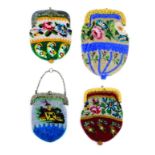 Four small format 19th Century beadwork purses comprising an example with building and three floral,