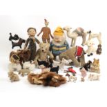 A quantity of soft toys including a dwarf, 26cm, straw filled teddy, 16cm, an elephant, a camel,