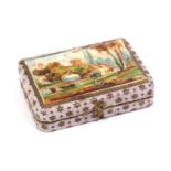 A crochet set in printed paper rectangular case the lid with a colour print of a farmstead, gilt