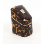 A tortoiseshell needle packet box of knife box form by Lund, the sloping lid with white metal