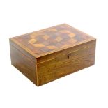 A George III Tunbridge ware mahogany sewing box of rectangular form the lid with a panel of cube
