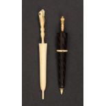 Two needle cases both in the form of a furled umbrella comprising a bone example with clenched