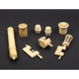 A mixed lot - sewing - ivory - comprising three variant Chinese carved ivory clamps, a similar