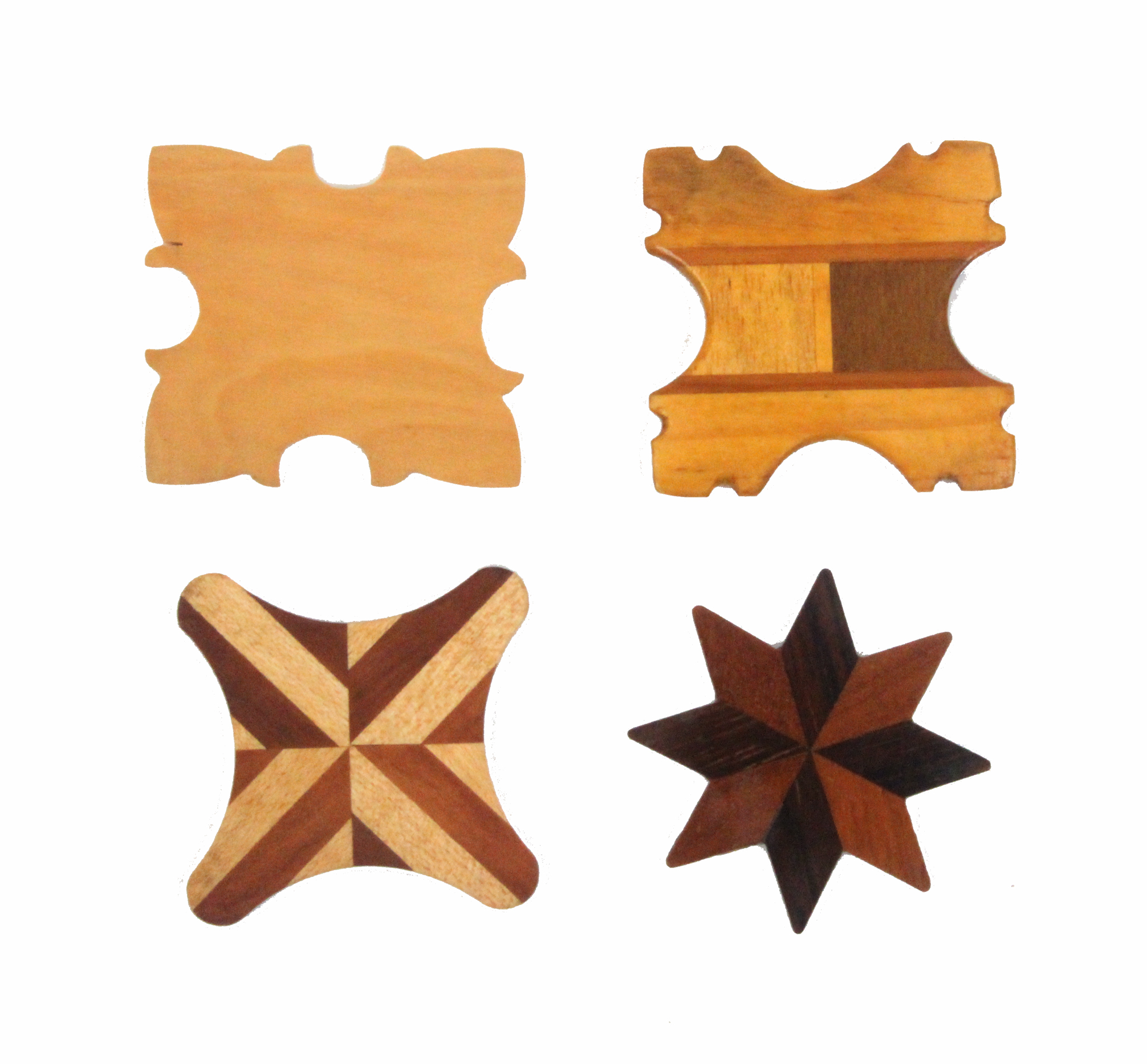 Four wooden silk winders, three in allenate woods one plain, largest 5.5cm (4)