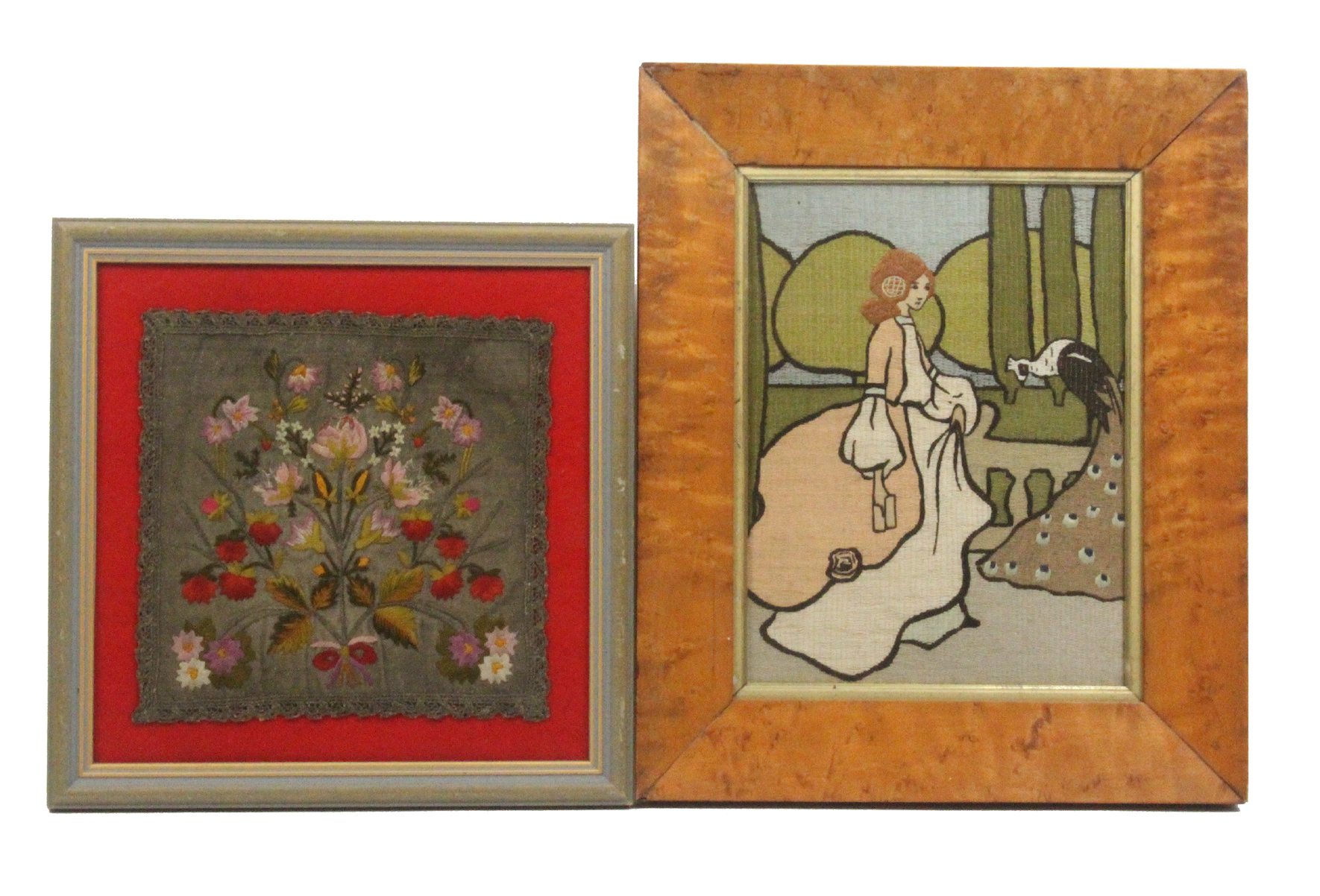Five framed needle works comprising a knotted or smocked bag with bands of geometric decoration - Bild 2 aus 3