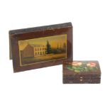 A Spa work needle book and a needle packet box, the book with titled painted views 'Course Anglais a