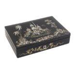 A small format early Victorian papier mache sewing box of rectangular form the lid inlaid with