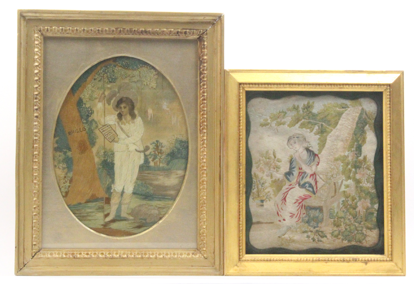 Two silk embroidered and facial painted figural needleworks comprising an 18th Century example of