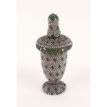 A good beadwork covered thimble/needle case in the form of an urn, covered in pale blue beadwork