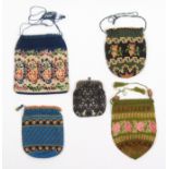 Five 19th Century small format purses four of knitted form and floral, one inscribed Palestine/