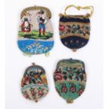 Four small format 19th Century beadwork purses comprising a figural example and three floral,