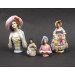 Two early 20th Century porcelain half dolls, largest 9cm and two porcelain figures (4)