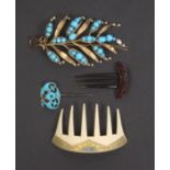Four hair ornaments comprising a large gilt metal leaf form example set with turquoise coloured