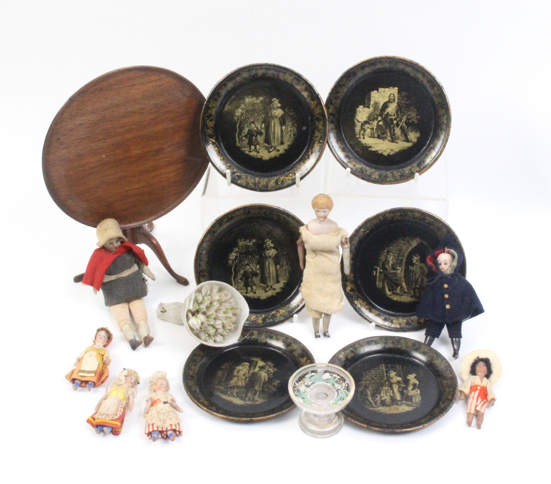 Dolls and related items comprising seven miniature dolls with ceramic heads, largest 14cm, a set