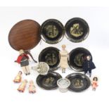 Dolls and related items comprising seven miniature dolls with ceramic heads, largest 14cm, a set