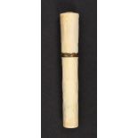 An 18th Century ivory bodkin case of cylinder form with engine turned decoration, gilt metal