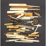 A mixed lot - sewing - comprising netting tools, crochet hooks, two bone shuttles, four needle