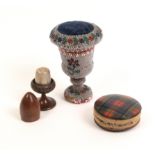 A mixed lot - sewing - comprising vase form beadwork covered reel or thimble case the lid as a pin