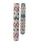 Two beadwork covered cylinder needle cases both of geometric pattern and with wooden cores,